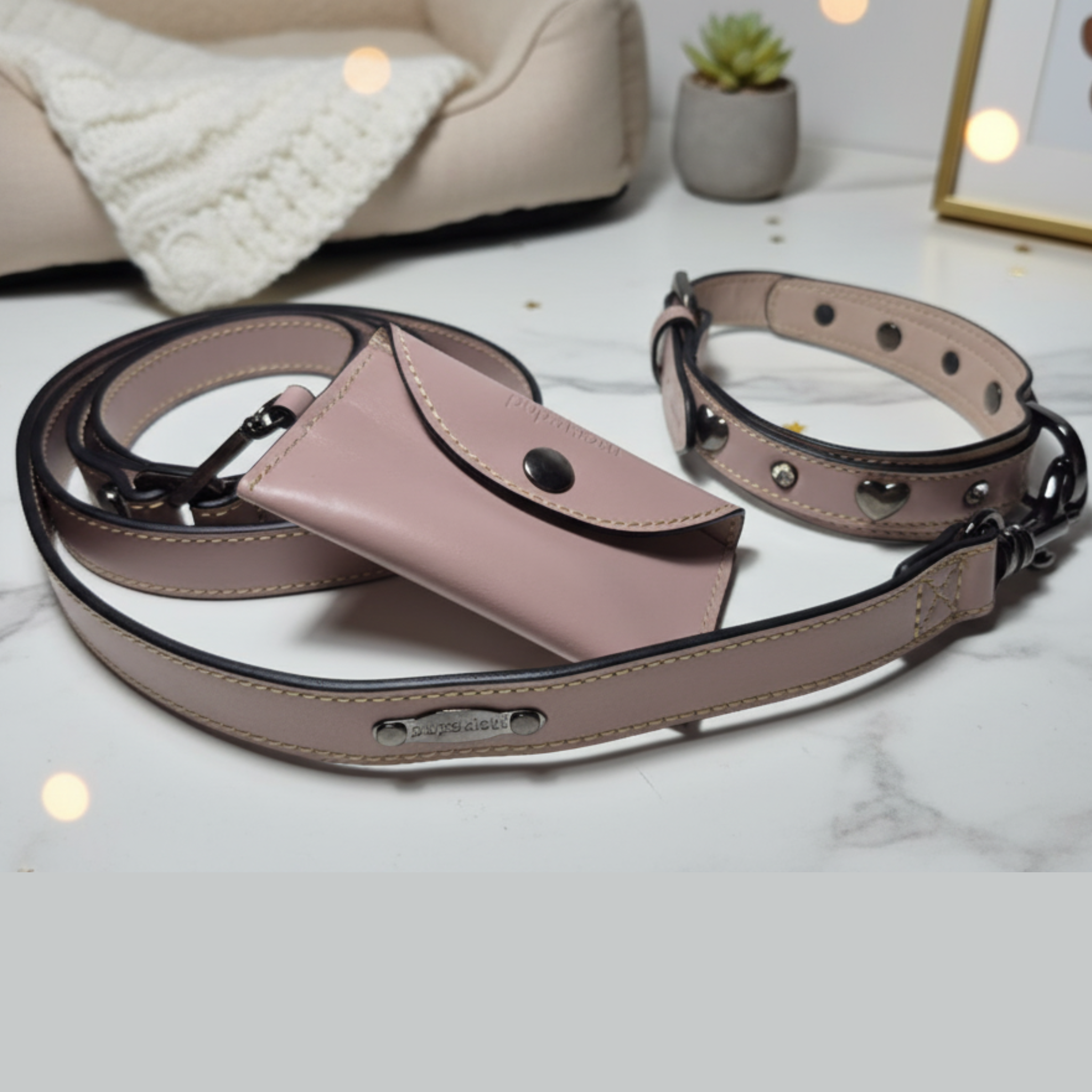 Set Collare con Cristalli e Guinzaglio in Pelle per Cani